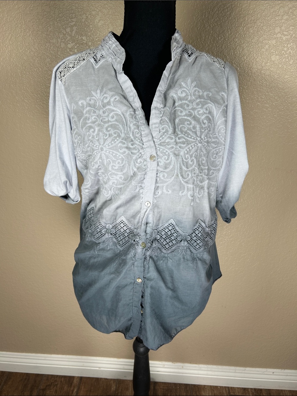 Tiny Embroidered Ombré Button Front Blouse Large Boho Cottagecore